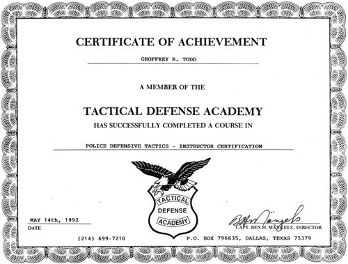 Tactical Defense Academy Certificate